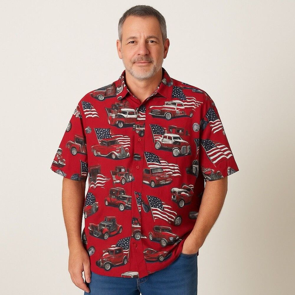 Reel Legends Men’s XXL Red Hot Rod Cars Patriotic Flag Button Down Shirt